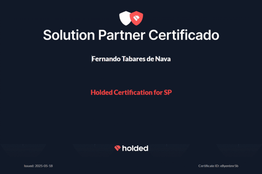 imagen de certificado. Fondo azul oscuro, con txto superior en blanco que dice Solution Partner Certificado. Bajo este texto figura el nombre Fernando Tabares de Nava y bajo éste, otros textos en color rojo y blanco