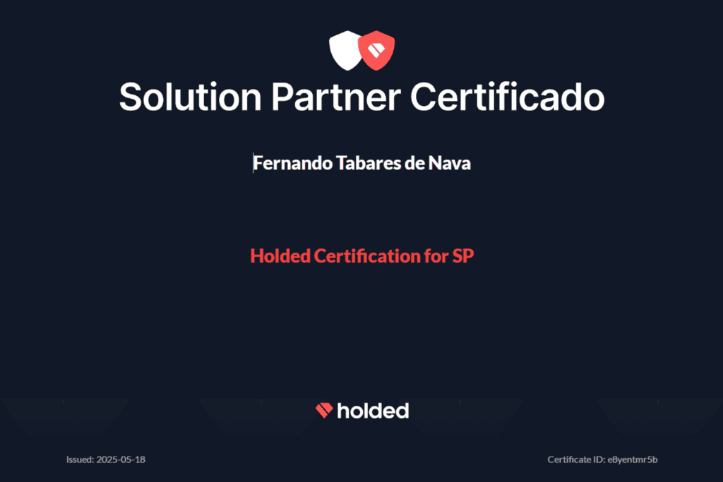 holded-partner-post-2 imagen de certificado. Fondo azul oscuro, con txto superior en blanco que dice Solution Partner Certificado. Bajo este texto figura el nombre Fernando Tabares de Nava y bajo éste, otros textos en color rojo y blanco