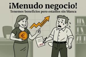 Ilustración donde se ve a una mujer y a un hombre a su derecha, bajo el texto ¡Menudo negocio! Fondo de imagen de color ocre
