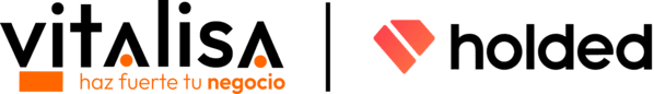logotipos de vitalisa y holded. el de vitalisa es negro y naranja. El de holded tiene un diamente a su izquierda en rojo y el texto "holded" en negro