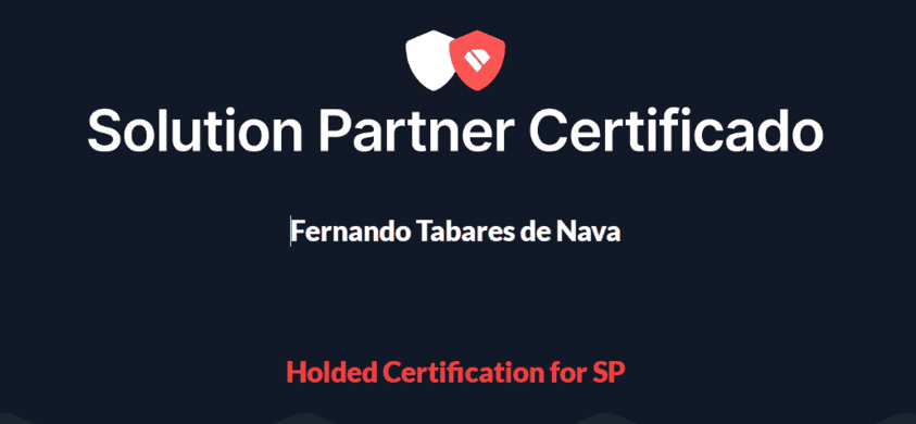 imagen de certificado. Fondo azul oscuro, con txto superior en blanco que dice Solution Partner Certificado. Bajo este texto figura el nombre Fernando Tabares de Nava y bajo éste, otros textos en color rojo y blanco