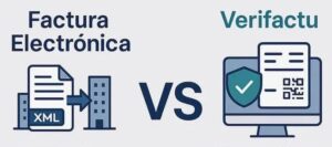 ilustración en la que se ve a la izquierda una representación de intercambio de un documento de factura electrónica pasando entre dos edificios. A la derecha de este conjunto y, separada por el texto VS figura un una representación de una pantalla de ordenador detrás de un sello de seguridad y un documento.