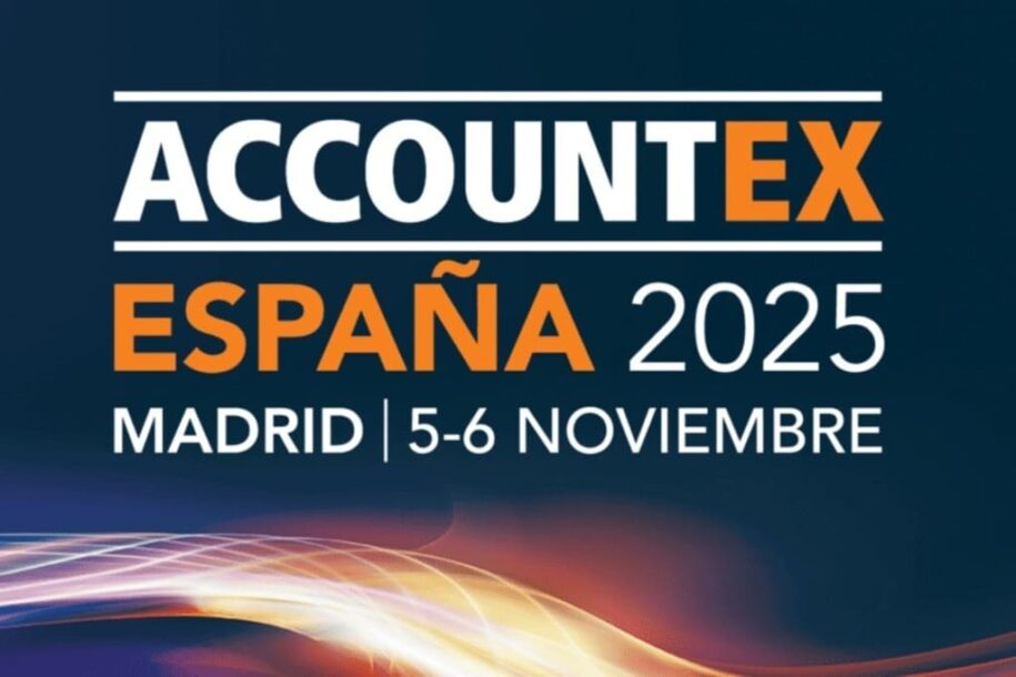 Cartel de la feria Accountex 2025. Fondo azul marino y texto a dos líneas con Accontex en la parte superior y España 2025 en la parte inferior