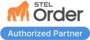 Logo de Stel Order. A la izquierda un gorila naranja, a la derecha el texto Stel Order en dos líneas, en color negro. Debajo el texto Authorized Partner en letras blancas sobre fondo azul