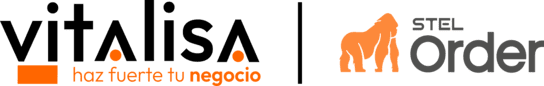 logos de vitalisa y stel order. ambos en colores negro y naranja, dispuestos horizontalmente en una línea